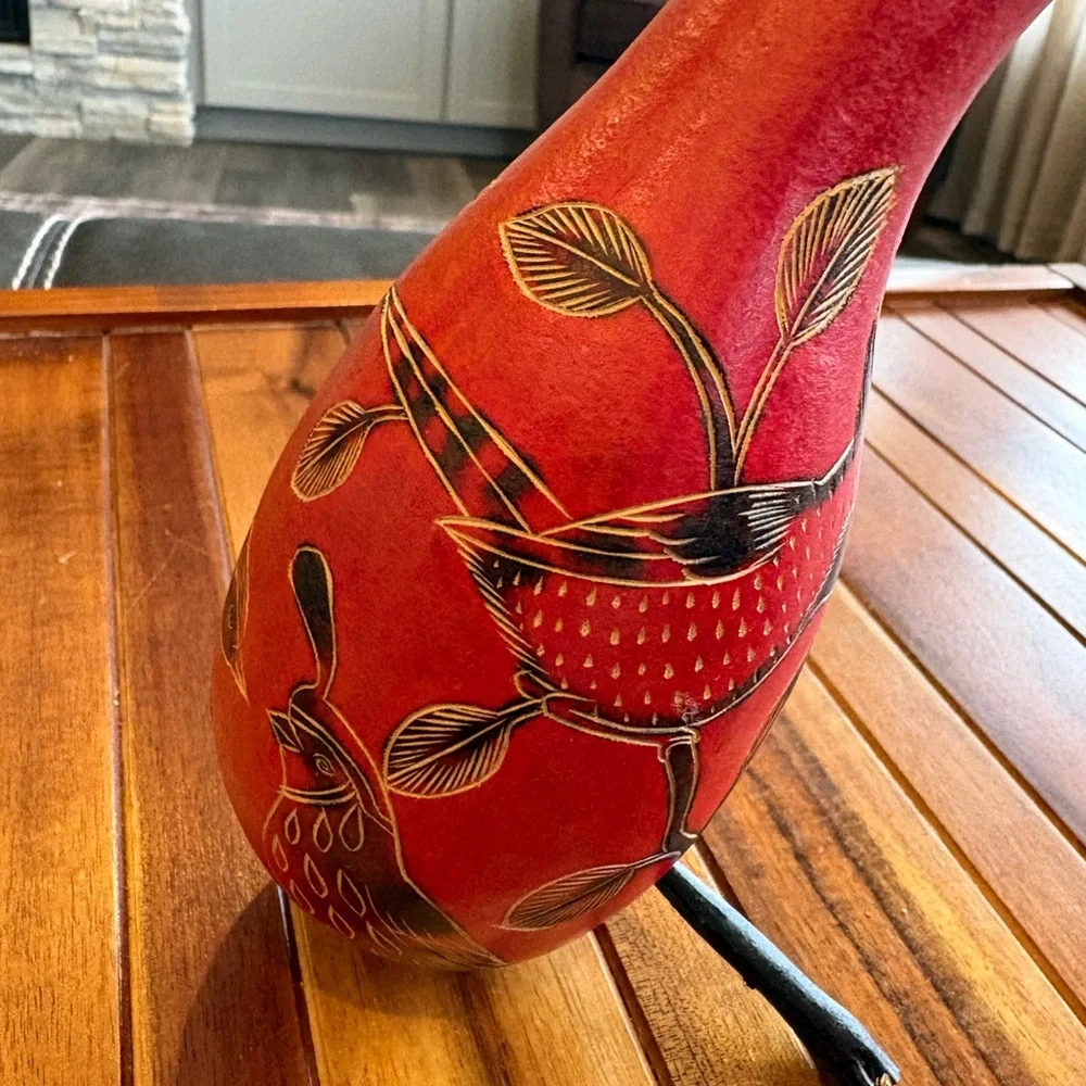Rare Vintage Peruvian Folk Art Carved Gourd Bird Statue Hand Painted
